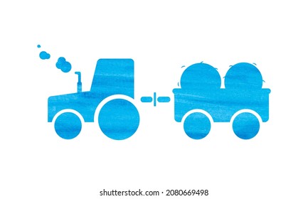 Silhouette Of A Tractor With A Trailer. Watercolor Illustration In Blue Color. Suitable For Feature Articles, Infographics As A Symbol Or Icon, Catalog Design, Books And Typography 