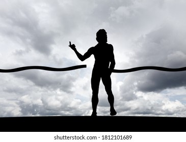 Silhouette of a triumphant runner crossing the finishing tape on a cloudy day for the concept of accomplishment.  - Powered by Shutterstock