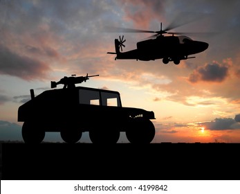 Silhouette of truck over sunset with helicopter