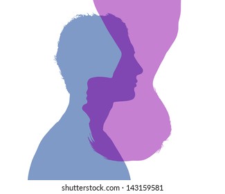 Silhouette Of Two Superimposed Profiles Of Young Man And Woman Inverted To Each Other, Symbol Of Alter Ego