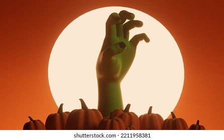 Silhouette Of An Undead Zombie Hand Reaching Out With A Bright Moon Behind. 3D Rendering. 3D Illustration