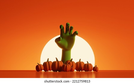 Silhouette Of An Undead Zombie Hand Reaching Out With A Bright Moon Behind. 3D Rendering. 3D Illustration