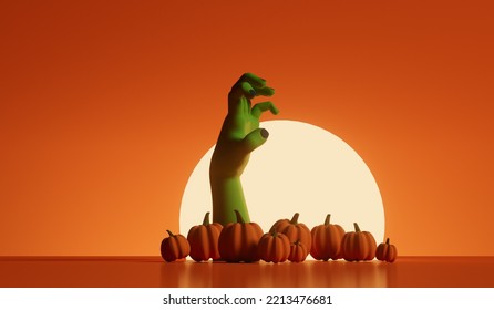 Silhouette Of An Undead Zombie Hand Reaching Out With A Bright Moon Behind. 3D Rendering. 3D Illustration