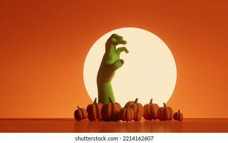 Silhouette Of An Undead Zombie Hand Reaching Out With A Bright Moon Behind. 3D Rendering. 3D Illustration