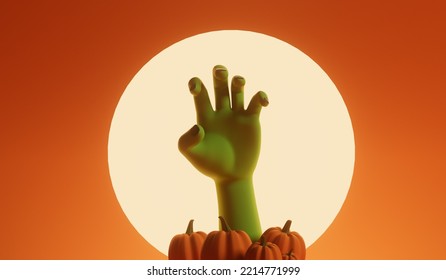 Silhouette Of An Undead Zombie Hand Reaching Out With A Bright Moon Behind. 3D Rendering. 3D Illustration