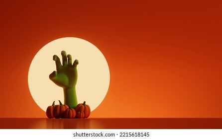 Silhouette Of An Undead Zombie Hand Reaching Out With A Bright Moon Behind. 3D Rendering. 3D Illustration