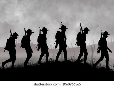 Silhouette Of US Soldiers On A World War One Battlefield. Original Illustration.