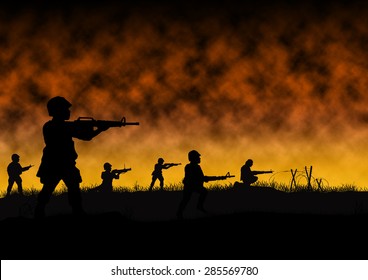 Silhouette Of US Soldiers In A War Like Scene Similar To Vietnam And Indochina. Computer Illustration.