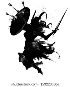 The silhouette of a Valkyrie in a horned helmet with a shield and sword attacks in a jump .  2D illustration .