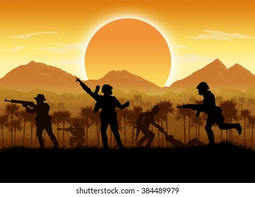 Silhouette Of Vietnamese Soldier Or Guerrilla Force Circa Late 1960's In Vietnam Or Jungle Warfare Scenario. Artist Illustration.