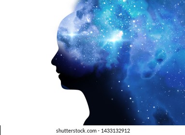 silhouette of virtual human with aura chakras on space nebula , represent meditation,yoga and deep sleep therapy.