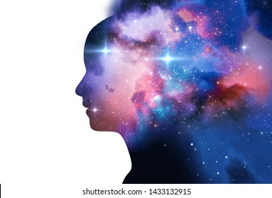 Silhouette Of Virtual Human With Aura Chakras On Space Nebula , Represent Meditation,yoga 
And Deep Sleep Therapy.
