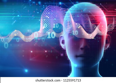 Silhouette Of Virtual Human On Brain Delta Wave Form 3d Illustration  , Represent Meditation And Deep Sleep Therapy.