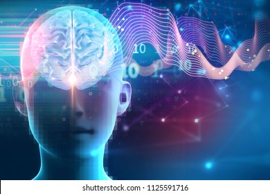 Silhouette Of Virtual Human On Brain Delta Wave Form 3d Illustration  , Represent Meditation And Deep Sleep Therapy.