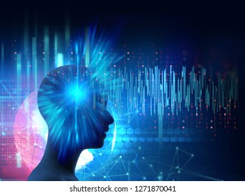 Silhouette Of Virtual Human On Brain Delta Wave Form 3d Illustration  , Represent Meditation And Deep Sleep Therapy.

