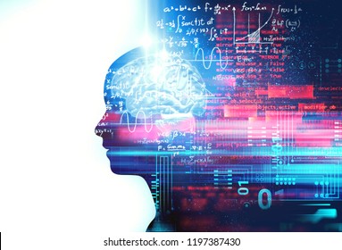 Silhouette Of Virtual Human On Handwritten Equations 3d Illustration  , Represent Artificial 
Technology And Creativity Education.
