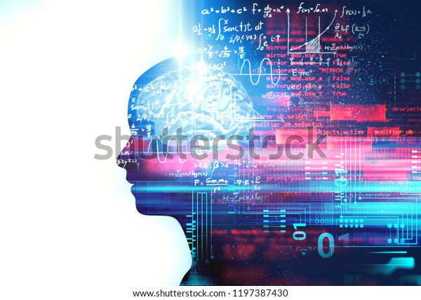 手書きの方程式3dイラストに仮想人間のシルエット 人工の テクノロジーとクリエイティブの教育 のイラスト素材