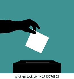 Silhouette Of Voter Man Putting Ballot Into Voting Box On Green Background