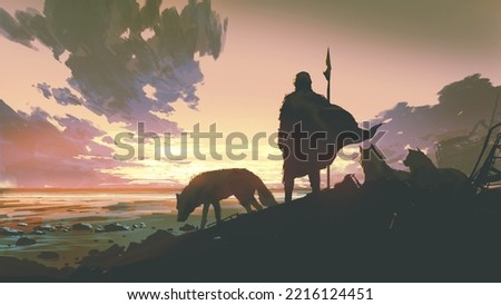 silhouette of a warrior with a pack of wolves looking at sunset sky, digital art style, illustration painting
