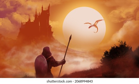 Silhouette of a warrior with a spear watching a dragon flying towards the orange castle at sunset.