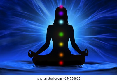 Silhouette Of Woman Doing Yoga And Where Has Scored Seven Chakra Points