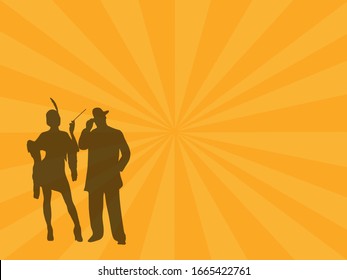 Silhouette Woman And Man Wear Style Roaring 20s On Yellow Space Background