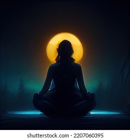 A Silhouette Woman Meditates With A Bigger Moon On Background