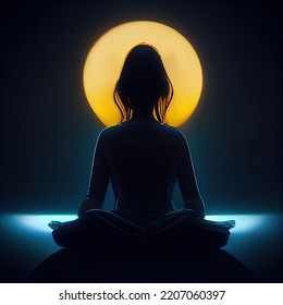 A Silhouette Woman Meditates With A Bigger Moon On Background