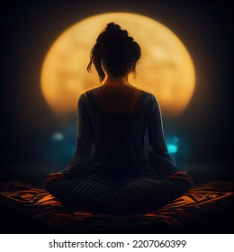 A Silhouette Woman Meditates With A Bigger Moon On Background