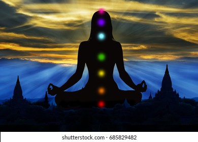 Silhouette Of Woman With Seven Chakra Points