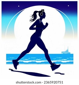 Silhouette of a woman wearing headphones jogging by the sea - Powered by Shutterstock