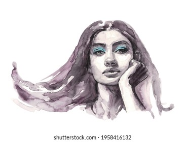 Silhouette Of A Woman's Face In Monochrome With Bright Blue Shadows On The Eyes - Face Painting Watercolor Illustration - Fashion Style Portrait