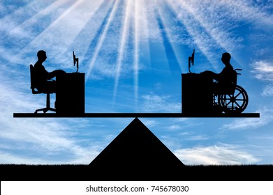 Silhouette of a worker disabled in  wheelchair and  employee sitting at  table, they are equal on  scales of rights. Concept of equal employment opportunities and provide employment for disabled