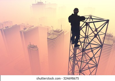 Silhouette of the worker on the rig.