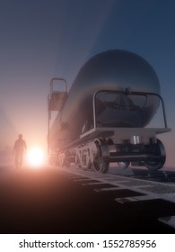 Silhouette of the worker and the tank in the fog.,3D render - Shutterstock ID 1552785956