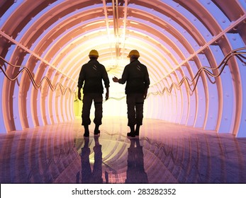 Silhouette Of Workers In The Tunnels.