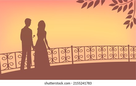 Silhouette of a young couple on the background of the evening sunset. A man gives a girl a flower. Happy people in love. Romantic illustration