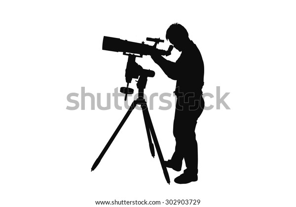 Silhouette Young Man Looking Through Telescope Stock Illustration 302903729