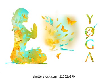 Silhouette of Young Woman Practicing Yoga In the Lotus Position, her Hands in Namaste prayer mudra. Illustration from watercolor stains  isolated on a white background. Healthy Lifestyle Concept - Powered by Shutterstock