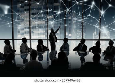 Silhouetted business meeting with diverse professionals in a conference room. City skyline and digital network overlay in the background. Global corporate business boardroom. - Powered by Shutterstock - Get 15% off with code: PIKWIZARD15