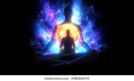 A silhouetted figure sat in a mediation lotus pose, surrounded with pulsating flowing light energy. - Powered by Shutterstock