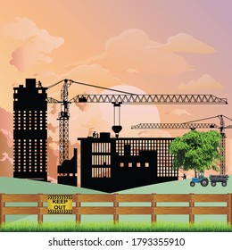 Silhouetted Generic Construction Development On Green Belt Land Destroying The Countryside Set Against A Dawn Or Dusk Sky