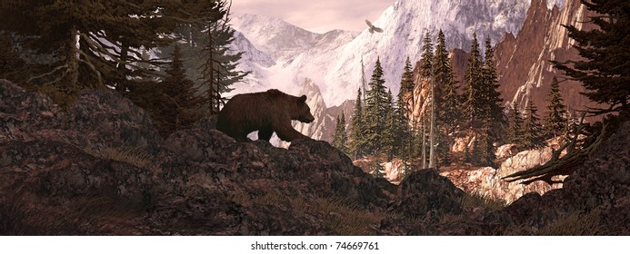 Silhouetted Grizzly Bear Overlooking A Rocky Mountain Canyon With Soaring Falcon.