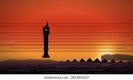 Silhouetted lighthouse and jagged mountain range stand against a vibrant gradient sunset sky with horizontal streaks of light reflecting over calm dark waters.