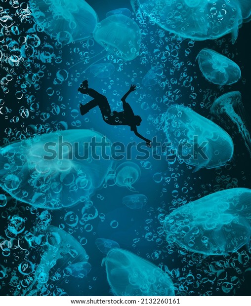 A\
silhouetted man is falling and drowning in sea water as bubbles and\
jellyfish float around him in a 3-d\
illustration.