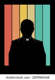 A Silhouetted Roman Catholic Priest Is Seen In Front Of A Background Of Colored Stripes. The Priest Collar Is Not Silhouetted.