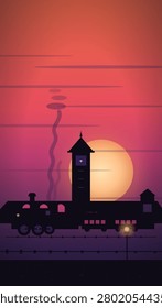 Silhouetted train and station clock tower stand against a vibrant gradient sunset with a glowing sun and wispy clouds creating a serene nostalgic atmosphere