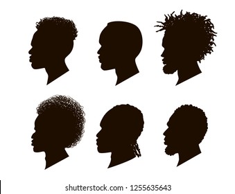 Silhouettes of African American. Set of men profile silhouettes.The contour of hair. 