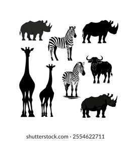 Silhouettes of African wildlife including giraffes, zebras, and rhinos on a white background - Powered by Shutterstock