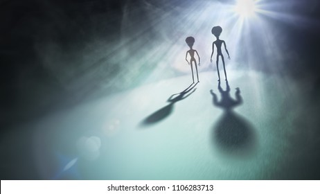 Silhouettes of aliens and bright light in background. 3D rendered illustration.